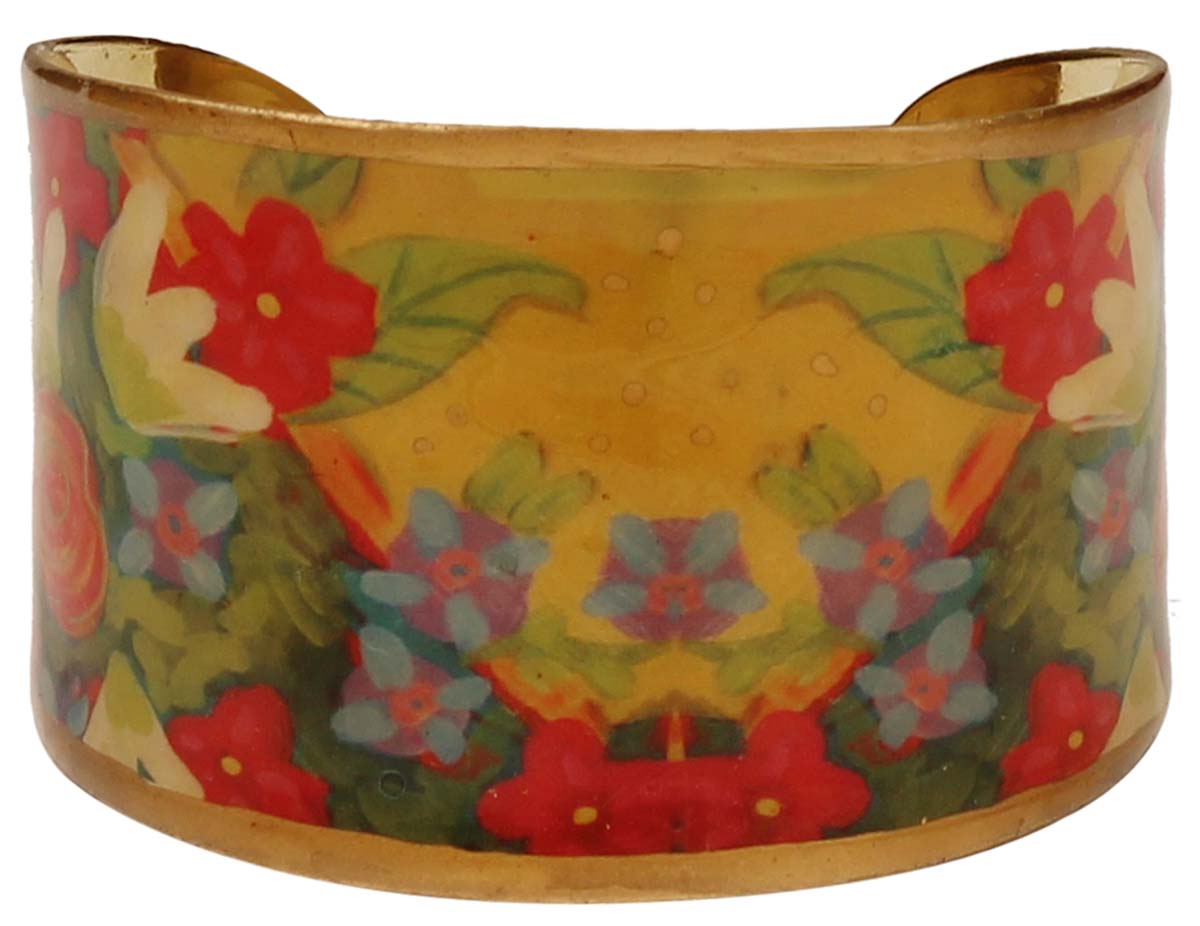 Brass Cuff Bracelet with Floral Pattern - 2.6” Multicolored - Trendy Accessories / Gifts for Her - Buy in Bulk Wholesale